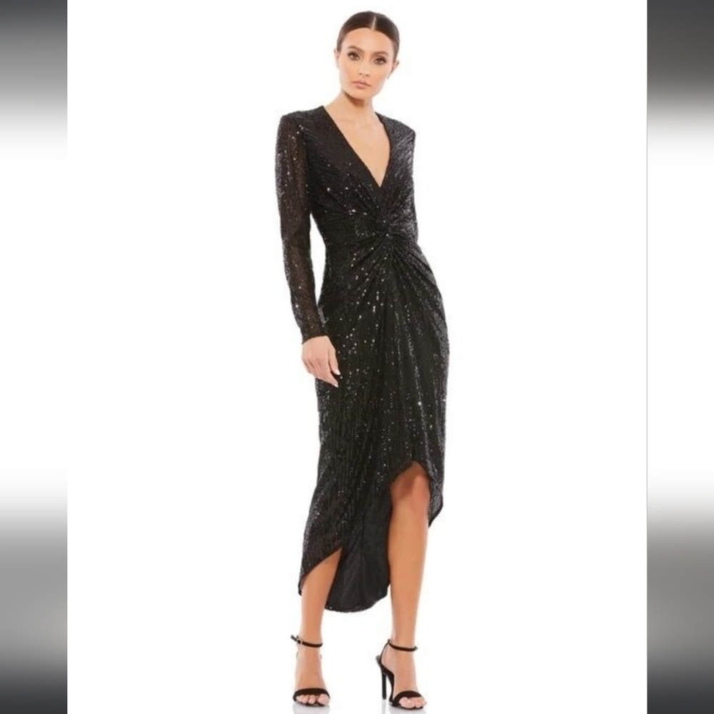 NWT! Ieena for Mac Duggal,Sequined High Low Front Twist Midi Dress,Black, Size 8